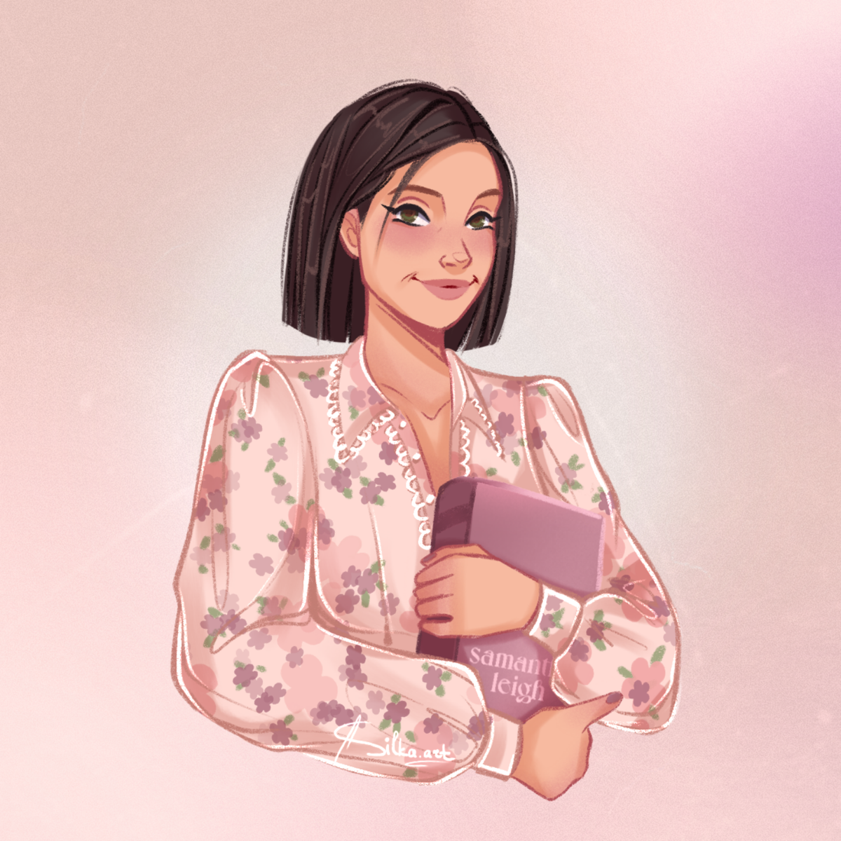 A stylized digital illustration of a woman with short dark hair wearing a light pink floral long-sleeve blouse with white lace trim, holding a purple book. The background is a soft pink gradient.